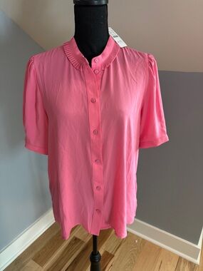 Womens Pink Button-Front Short Sleeve Blouse